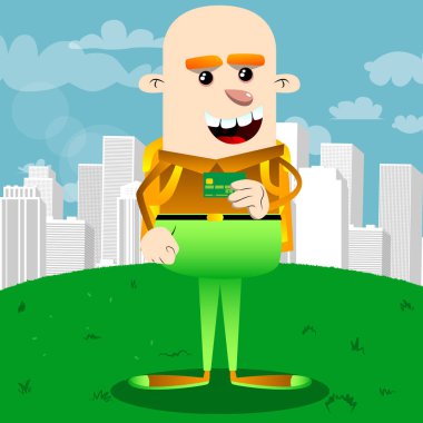 Okul çocuğu holding kredi kartı. Vektör çizgi film karakteri çizim.