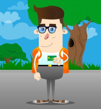 Okul çocuğu holding kredi kartı. Vektör çizgi film karakteri çizim.