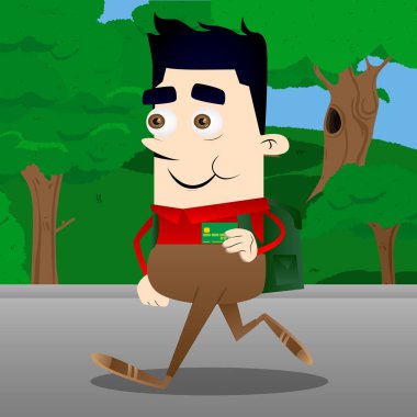 Okul çocuğu holding kredi kartı. Vektör çizgi film karakteri çizim.