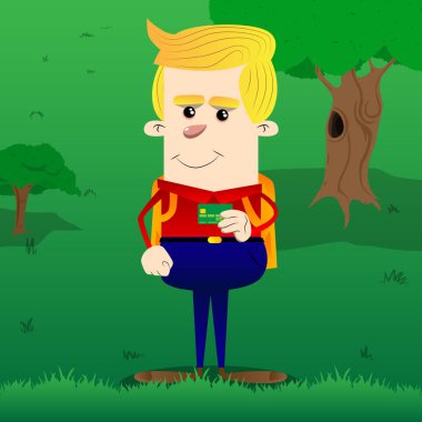 Okul çocuğu holding kredi kartı. Vektör çizgi film karakteri çizim.