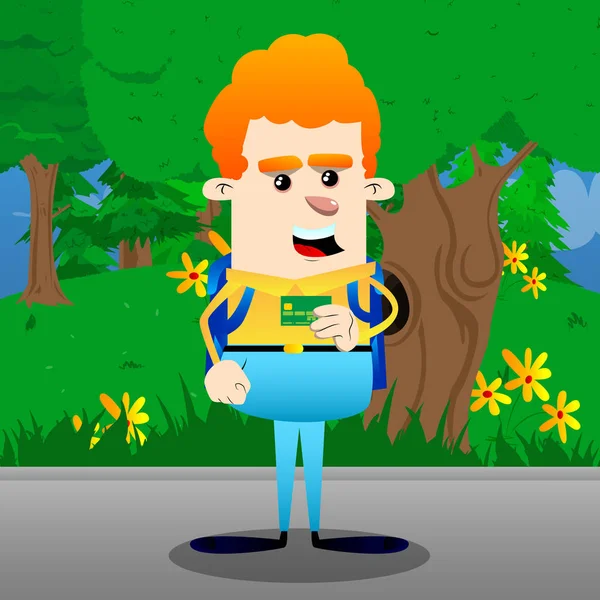 Okul çocuğu holding kredi kartı. Vektör çizgi film karakteri çizim.