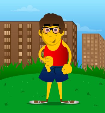 Sevmediğim el işaret gösteren sarı adam. Vektör karikatür çizim.