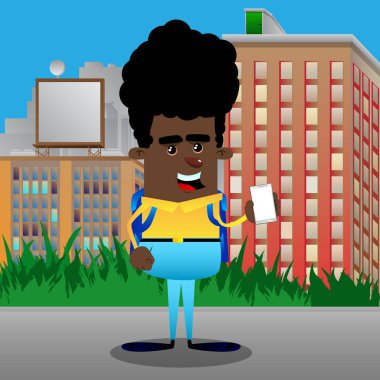 Boş beyaz ekran ile akıllı telefon tutarak okul çocuğu. Vektör çizgi film karakteri çizim.