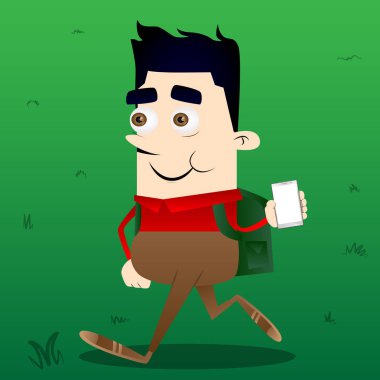 Boş beyaz ekran ile akıllı telefon tutarak okul çocuğu. Vektör çizgi film karakteri çizim.