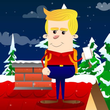 Boş beyaz ekran ile akıllı telefon tutarak okul çocuğu. Vektör çizgi film karakteri çizim.