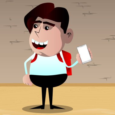 Boş beyaz ekran ile akıllı telefon tutarak okul çocuğu. Vektör çizgi film karakteri çizim.