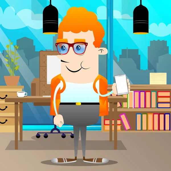 Schüler Hält Smartphone Mit Leerem Weißen Bildschirm Vektor Zeichentrickfigur Illustration — Stockvektor