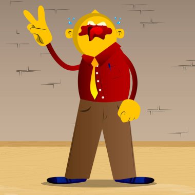 V işaret gösteren sarı adam. Vektör karikatür çizim.