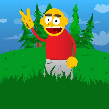 V işaret gösteren sarı adam. Vektör karikatür çizim.