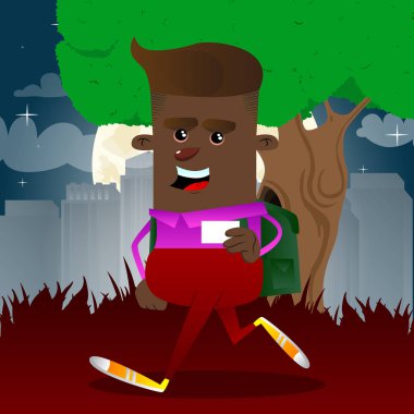 Boş beyaz kartı mock-up tutan okul çocuğu. Vektör çizgi film karakteri çizim.