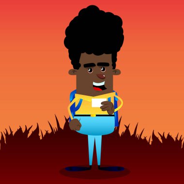 Boş beyaz kartı mock-up tutan okul çocuğu. Vektör çizgi film karakteri çizim.