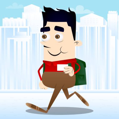 Boş beyaz kartı mock-up tutan okul çocuğu. Vektör çizgi film karakteri çizim.