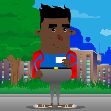 Boş beyaz kartı mock-up tutan okul çocuğu. Vektör çizgi film karakteri çizim.