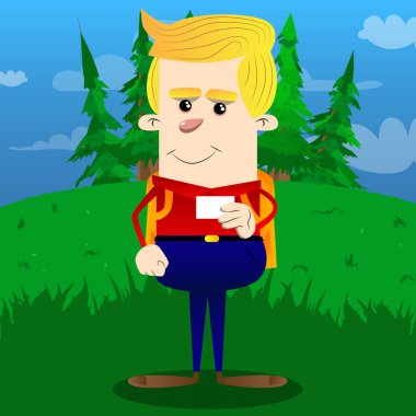 Boş beyaz kartı mock-up tutan okul çocuğu. Vektör çizgi film karakteri çizim.