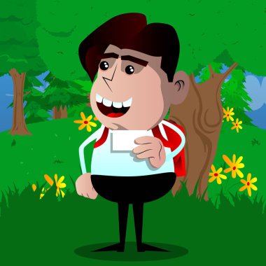 Boş beyaz kartı mock-up tutan okul çocuğu. Vektör çizgi film karakteri çizim.