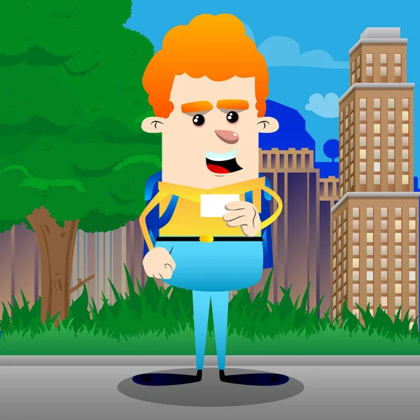 Boş beyaz kartı mock-up tutan okul çocuğu. Vektör çizgi film karakteri çizim.