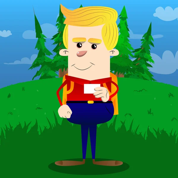 Boş beyaz kartı mock-up tutan okul çocuğu. Vektör çizgi film karakteri çizim.