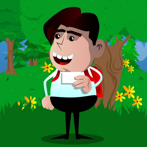 Boş beyaz kartı mock-up tutan okul çocuğu. Vektör çizgi film karakteri çizim.