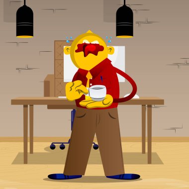 Sarı adam elinde bir fincan kahve. Vektör karikatür çizim.