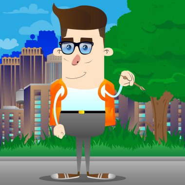 Resim sanatçısı okul çocuğu. Vektör çizgi film karakteri çizim.