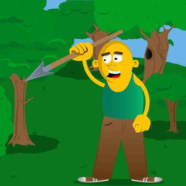 Sarı adam elinde mızrak tutan. Vektör karikatür çizim.