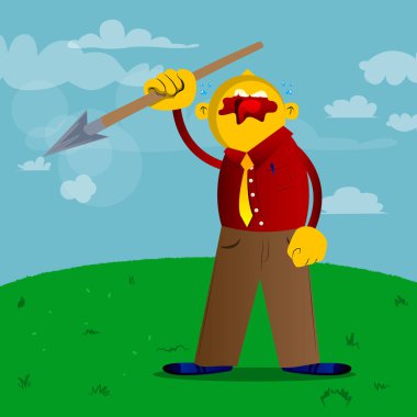 Sarı adam elinde mızrak tutan. Vektör karikatür çizim.