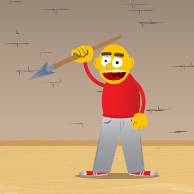 Sarı adam elinde mızrak tutan. Vektör karikatür çizim.