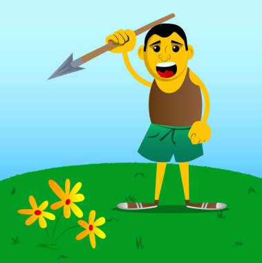 Sarı adam elinde mızrak tutan. Vektör karikatür çizim.