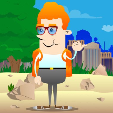 Arkasında işaret eden bir ele ile okul çocuğu. Vektör çizgi film karakteri çizim.