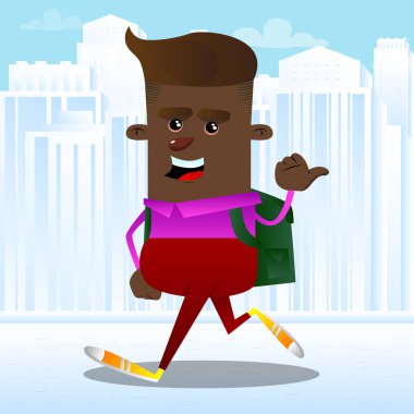 Arkasında işaret eden bir ele ile okul çocuğu. Vektör çizgi film karakteri çizim.