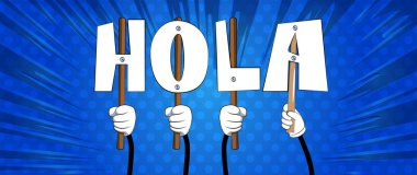 Oluşturulan alfabenin harfleri holding çeşitli eller kelime Hola (İspanyolca Merhaba). Vektör çizim.