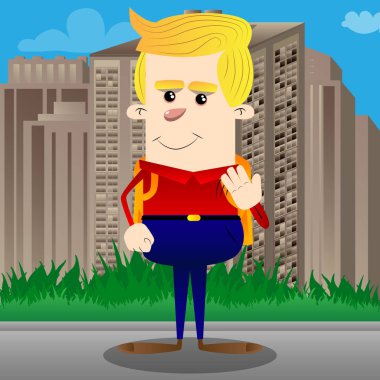 Kendi eliyle soğutma okul çocuğu. Vektör çizgi film karakteri çizim.