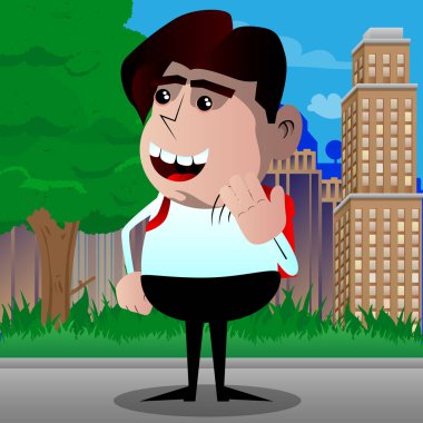 Kendi eliyle soğutma okul çocuğu. Vektör çizgi film karakteri çizim.