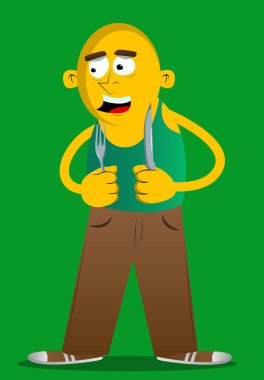 Bir bıçak ve çatal tutan sarı adam. Vektör karikatür çizim.