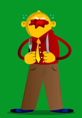 Bir bıçak ve çatal tutan sarı adam. Vektör karikatür çizim.