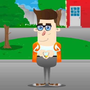 Kalp şekli el hareketi ile okul çocuğu. Vektör çizgi film karakteri çizim.