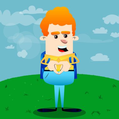 Kalp şekli el hareketi ile okul çocuğu. Vektör çizgi film karakteri çizim.