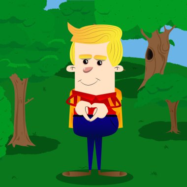 Kalp şekli el hareketi ile okul çocuğu. Vektör çizgi film karakteri çizim.