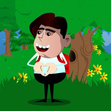 Kalp şekli el hareketi ile okul çocuğu. Vektör çizgi film karakteri çizim.