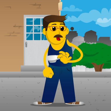 Kahve içme sarı adam. Vektör karikatür çizim.