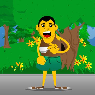 Kahve içme sarı adam. Vektör karikatür çizim.