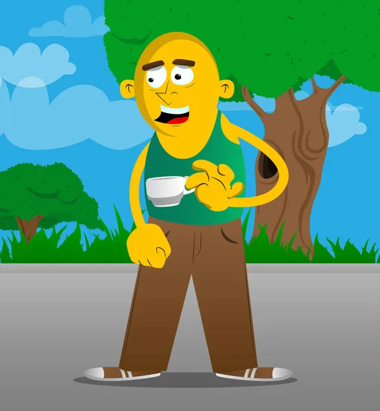 Hombre Amarillo Bebiendo Café Dibujos Animados Vectoriales Ilustración — Vector de stock