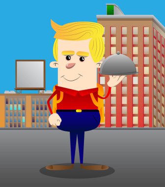 Gümüş cloche elinde tutan okul çocuğu. Vektör çizgi film karakteri çizim.