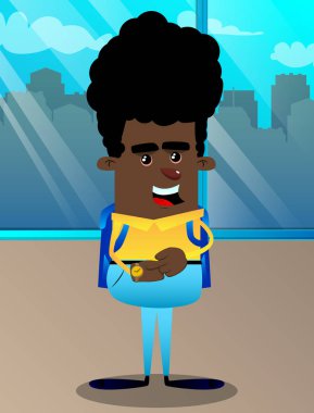 Saatini kontrol okul çocuğu. Vektör çizgi film karakteri çizim.