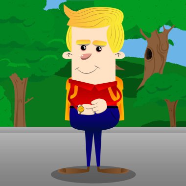 Saatini kontrol okul çocuğu. Vektör çizgi film karakteri çizim.