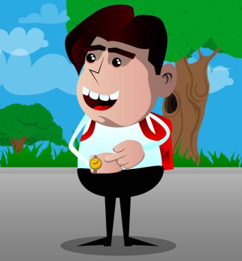 Saatini kontrol okul çocuğu. Vektör çizgi film karakteri çizim.