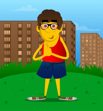 Sarı adam ellerini dua ile. Vektör karikatür çizim.