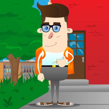 Öğrenci el tıbbi enjeksiyonlu. Vektör çizgi film karakteri çizim.