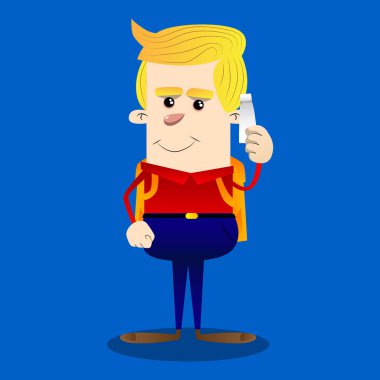 Hamur boş tüp tutan okul çocuğu. Vektör çizgi film karakteri çizim.