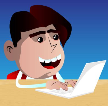 Laptop ile çalışma okul çocuğu. Vektör çizgi film karakteri çizim.